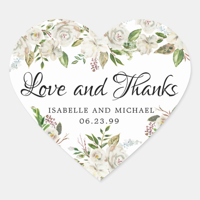 Rustic White Rose Floral Thank You Wedding Heart Sticker (Front)