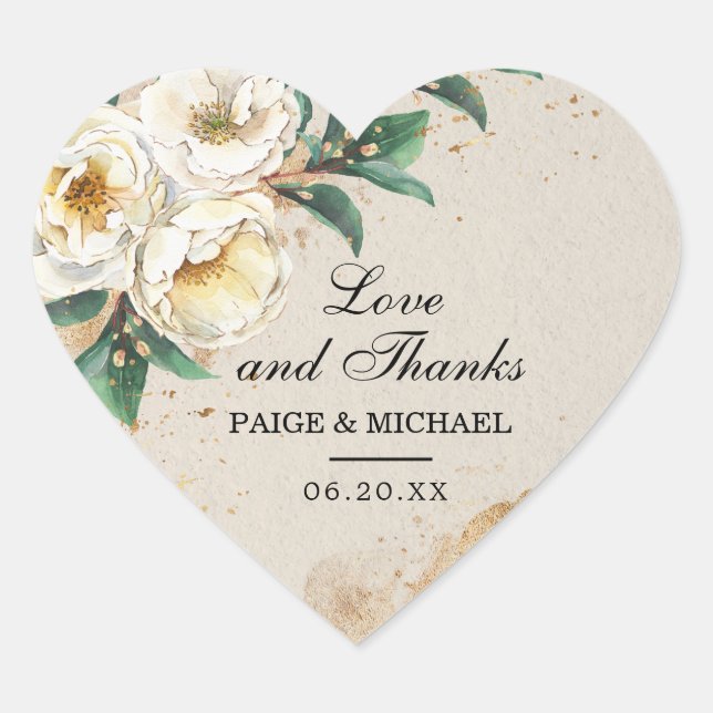 Rustic White Rose Floral Thank You Wedding Heart Sticker (Front)