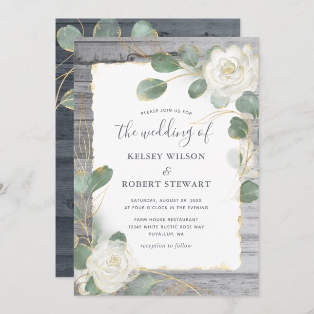 Rustic White Rose Gold Floral Greenery Wedding Invitation (Front/Back)