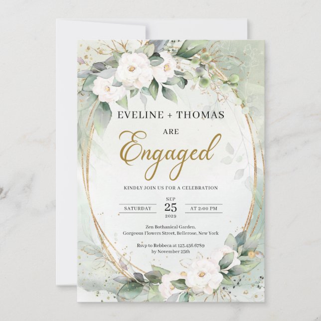 Rustic White roses eucalyptus gold oval frame  Invitation (Front)