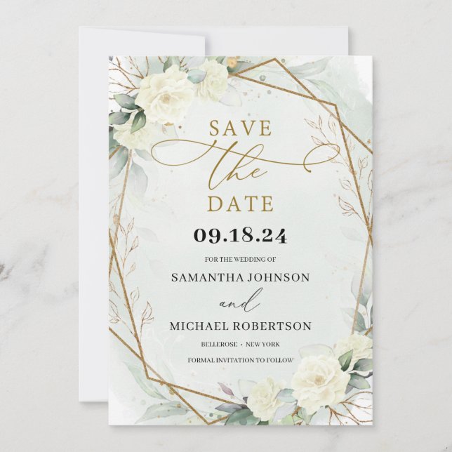 Rustic White Roses Eucalyptus Greenery Gold Save The Date (Front)