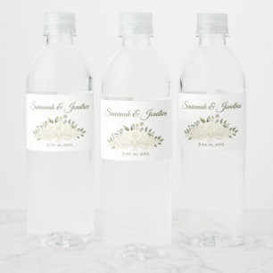 Rustic White Roses & Greenery Bouquet Wedding Water Bottle Label