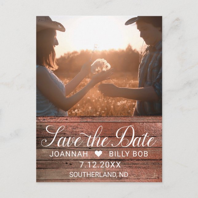 Rustic White Script Photo Wedding Save the Date Postcard (Front)