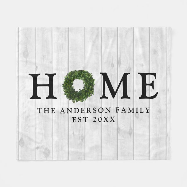 Rustic White Shiplap Wood Boxwood Wreath Home Fleece Blanket (Front (Horizontal))