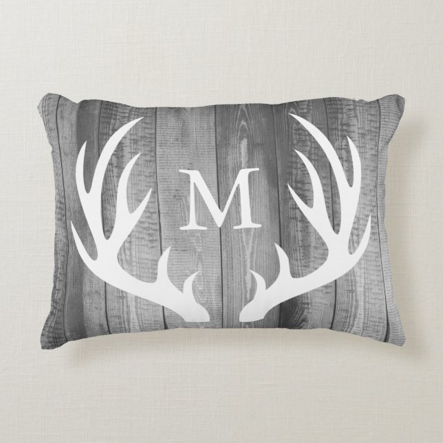 Rustic White Silhouette Buck Antlers & Grey Wood Decorative Cushion (Front)
