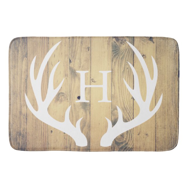 Rustic White Silhouetted Deer Antlers Barn Wood Bath Mat (Front)