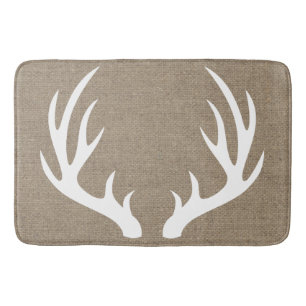 Rustic White Silhouetted Deer Antlers Faux Burlap Bath Mat