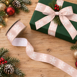Rustic White Snowflakes Blush Pink Christmas Satin Ribbon