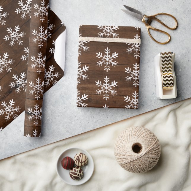 Rustic White Snowflakes Dark Wood Wrapping Paper (Crafts)