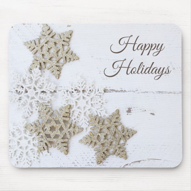 Rustic WhIte Snowflakes Happy Holidays Winter Mouse Mat (Front)