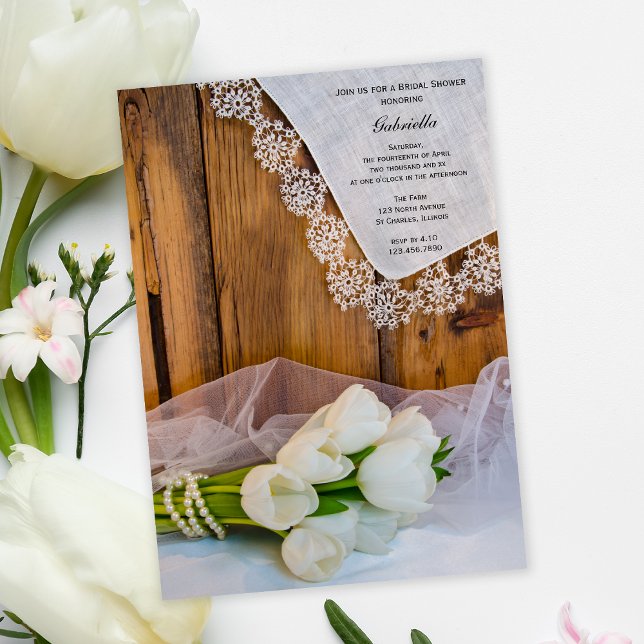 Rustic White Tulips Country Barn Bridal Shower Invitation (Creator Uploaded)