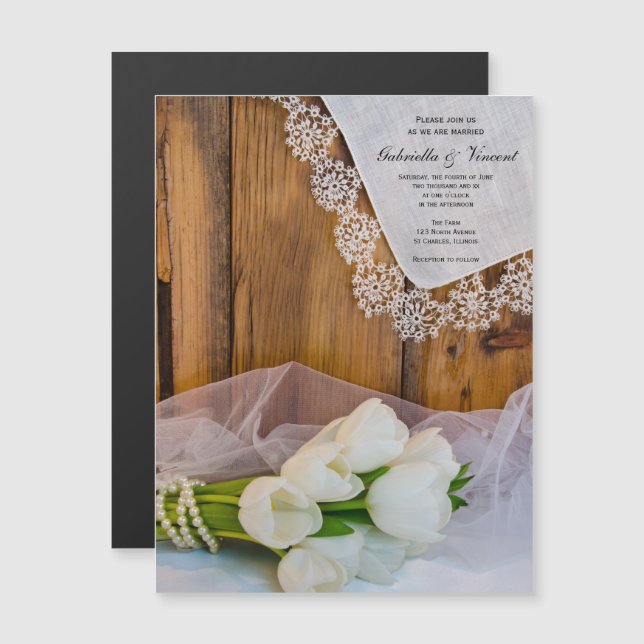 Rustic White Tulips Country Barn Wedding Magnetic Invitation (Front/Back)