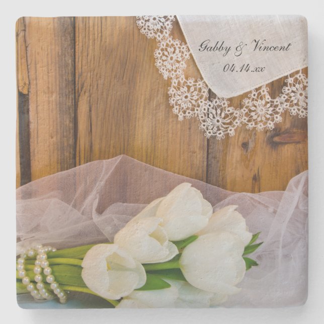 Rustic White Tulips Country Barn Wedding Stone Coaster (Front)