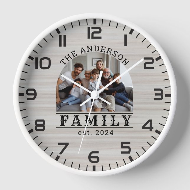 Rustic White Washed Custom Photo & Family Name Clock (Front)