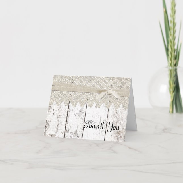 Rustic White Washed Wood and Lace W Thank You Card (Front)