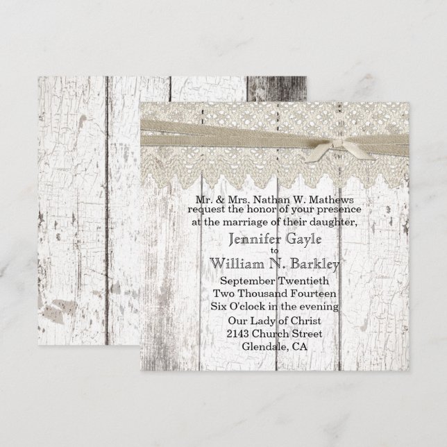 Rustic White Washed Wood and Lace Wedding Invitation (Front/Back)