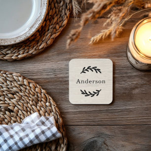 Rustic White Washed Wood Laurel Last Name Monogram Coaster