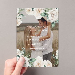 Rustic White Watercolor Floral Photo Wedding Acrylic Invitations