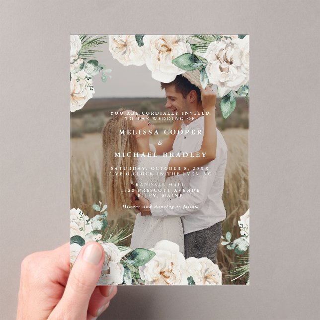 Rustic White Watercolor Floral Photo Wedding Acrylic Invitations (Insitu (Handheld))