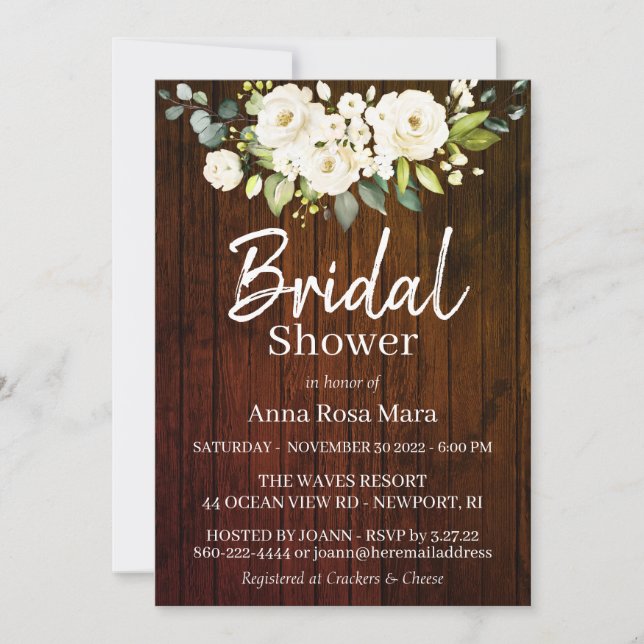 *~* Rustic White Watercolor Rose Bridal Shower Invitation (Front)