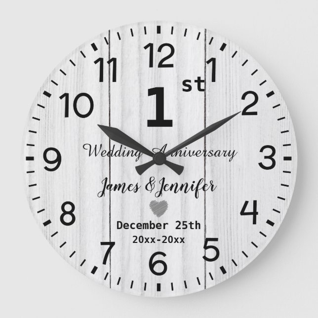 Rustic White Wood 1st Wedding Anniversary Custom Large Clock (Front)