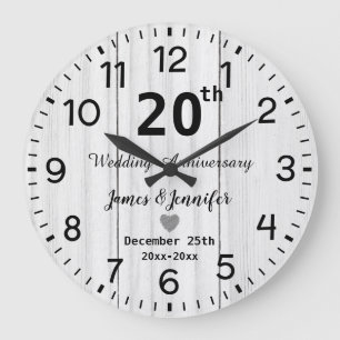 Rustic White Wood 20th Wedding Anniversary Custom Large Clock