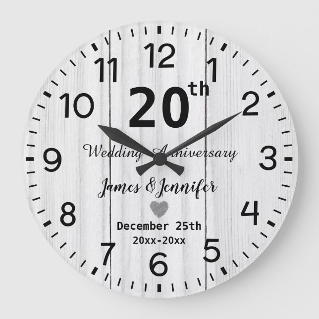 Rustic White Wood 20th Wedding Anniversary Custom Large Clock (Front)