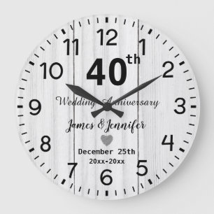Rustic White Wood 40th Wedding Anniversary Custom Large Clock