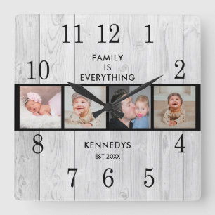 Rustic White Wood 4 Photo Collage Family Quote   Square Wall Clock