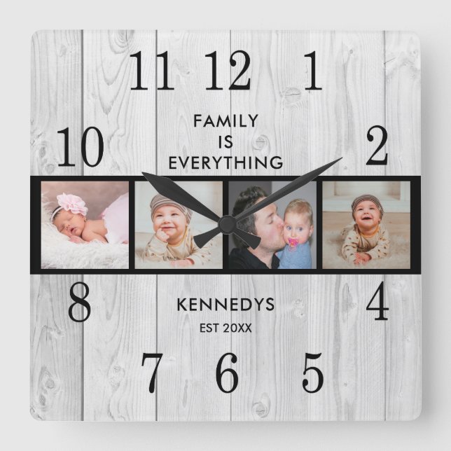 Rustic White Wood 4 Photo Collage Family Quote   Square Wall Clock (Front)