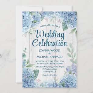 Rustic White Wood Blue Hydrangea Wedding Invitation