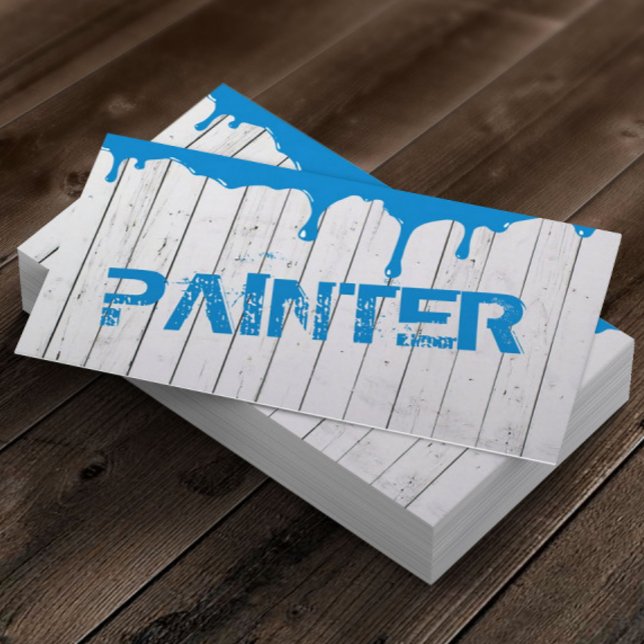Rustic White Wood Blue Paint Dripping Business Card (Creator Uploaded)