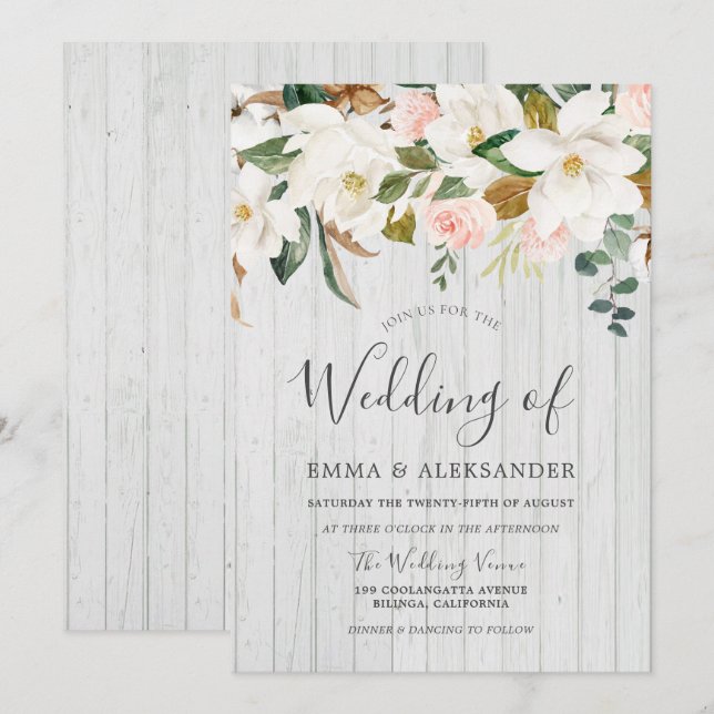 Rustic White Wood Blush & White Floral Wedding Invitation (Front/Back)
