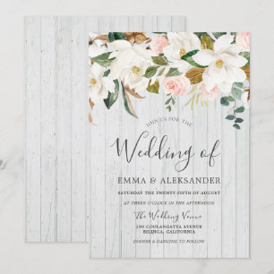 Rustic White Wood Blush & White Floral Wedding Invitation