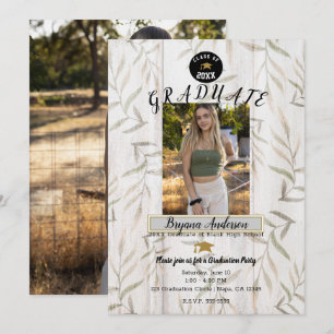 Rustic White Wood Botanical Photo Graduation Party Invitation