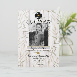 Rustic White Wood Botanical Photo Graduation Party Invitation
