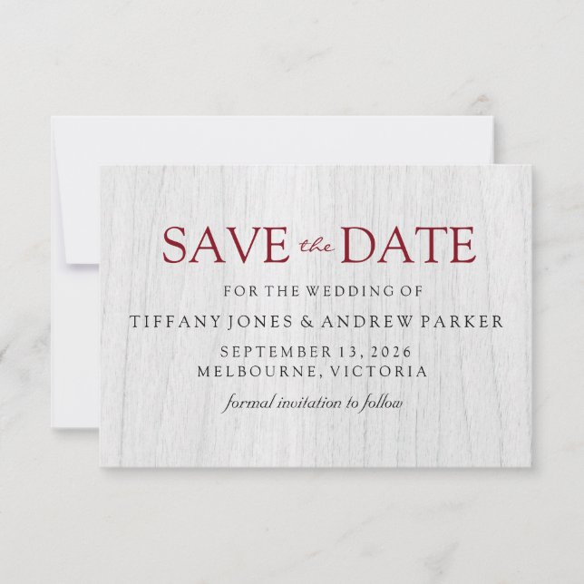 Rustic White Wood Burgundy Wedding Save the date (Front)
