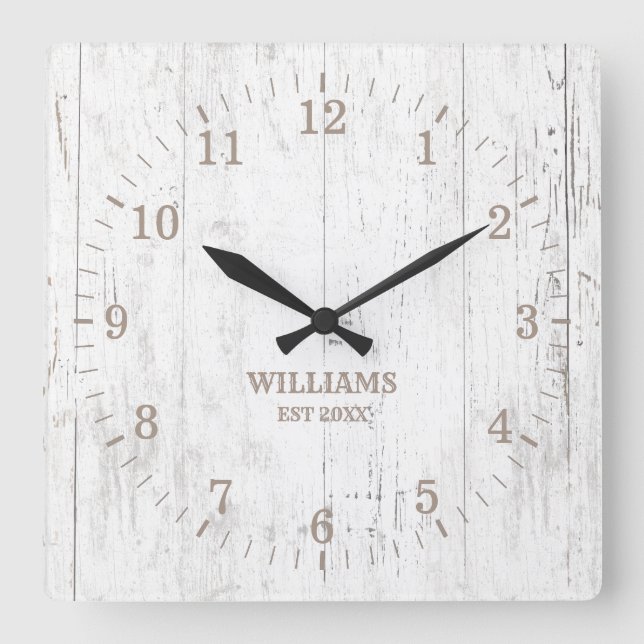 Rustic White Wood Farmhouse Family Name Square Wall Clock (Front)