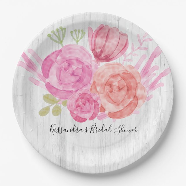 Rustic White Wood Floral Bridal Shower Plates (Front)