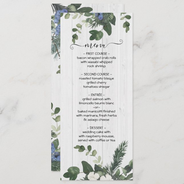 Rustic White Wood Floral & Pine Menu Card (Front/Back)