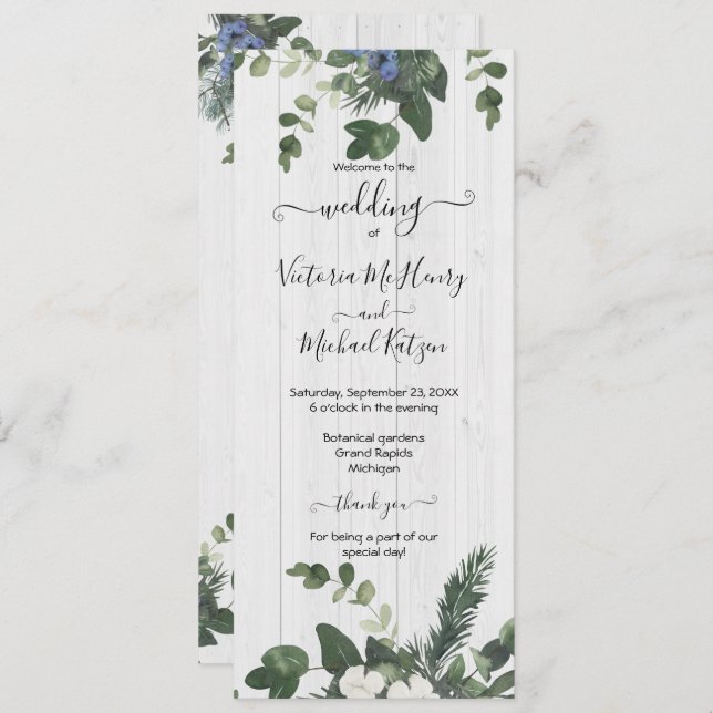 Rustic White Wood Floral & Pine Program Card (Front/Back)