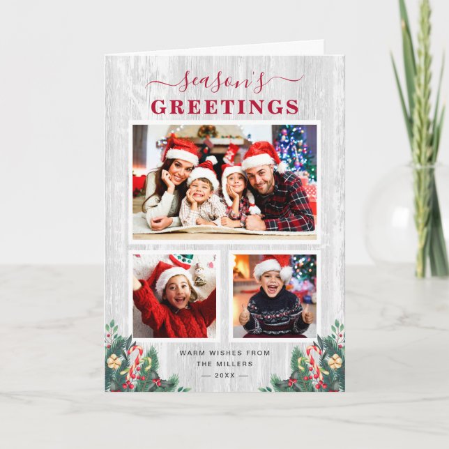 Rustic White Wood Floral Seasons Greetings 3 Photo Holiday Card (Front)
