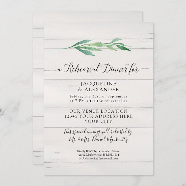 Rustic White Wood Foliage Greenery Watercolor Invitation (Front/Back)