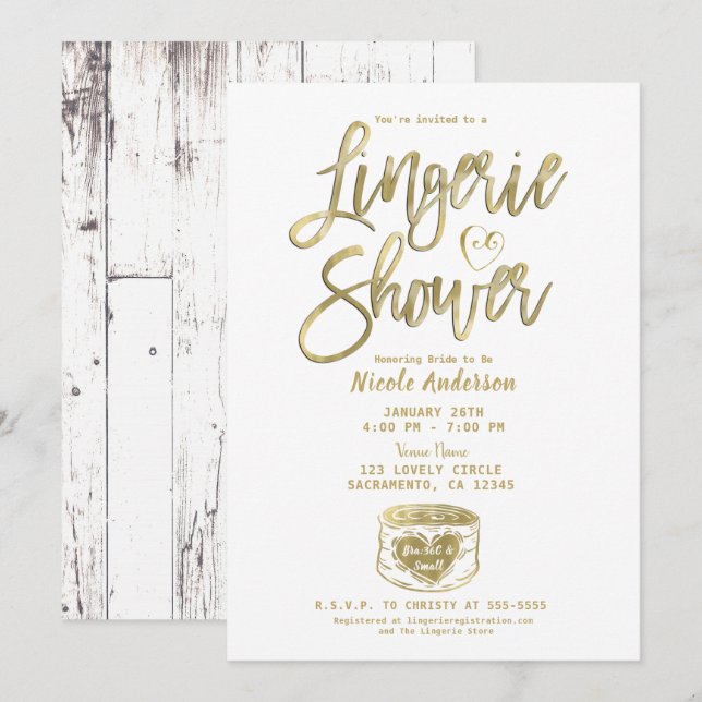Rustic White Wood Glam Gold Lingerie Shower  Invitation (Front/Back)
