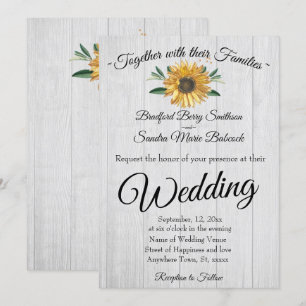 Rustic White Wood, Golden Sunflower Wedding In Invitation