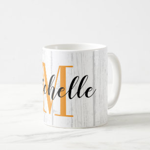 Rustic white wood grain print custom monogrammed coffee mug