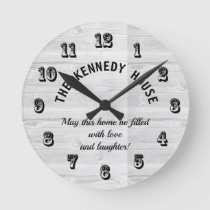 Rustic White Wood Home Quote Family Round Clock