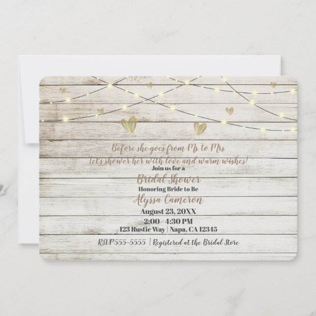 Rustic White Wood Lights & Hearts Bridal Shower Invitation (Front)
