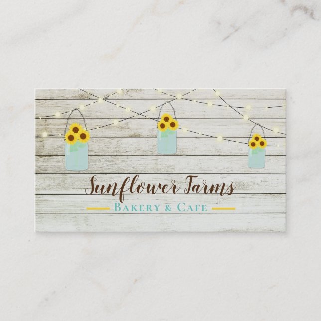 Rustic White Wood Lights & Mason Jar Sunflowers Business Card (Front)