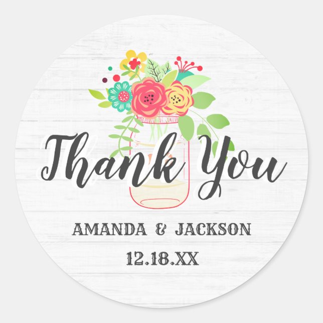 Rustic White Wood & Mason Jar Wedding Thank You Classic Round Sticker (Front)